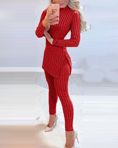 Warm Knitted 2 Piece Suits Women Long Sleeve Ribbed Slit