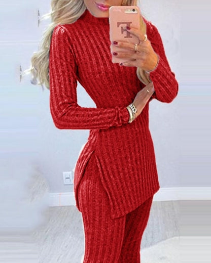 Warm Knitted 2 Piece Suits Women Long Sleeve Ribbed Slit