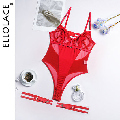 Ellolace Sensual Lace Bodysuit Women Transparent Sexy Lingerie