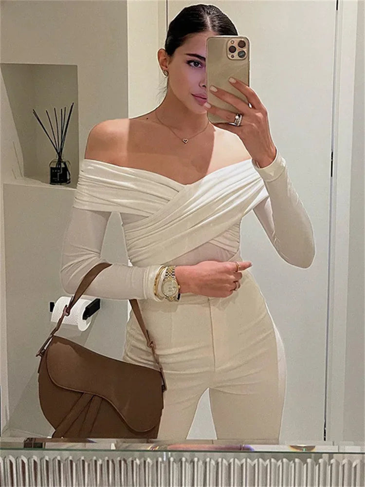 White See-Through Jumpsuit For Women Pleated Slim Sexy