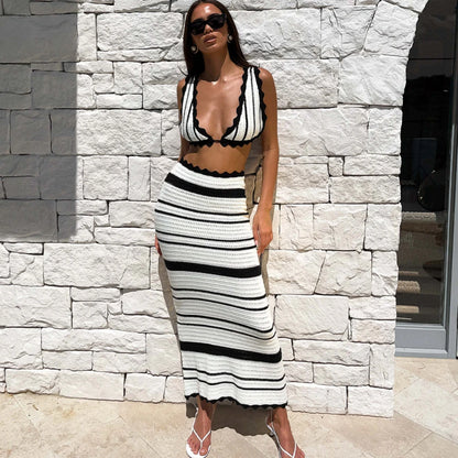 Summer Knitted Beach Skirt Sets Women Sexy Backless Slim Bohemian