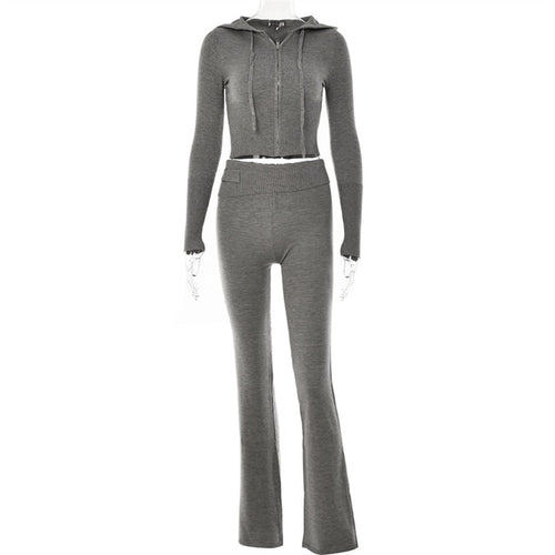 Solid Knitted 2 Piece Sets Women Tracksuit Long Sleeve Zipper Hooded