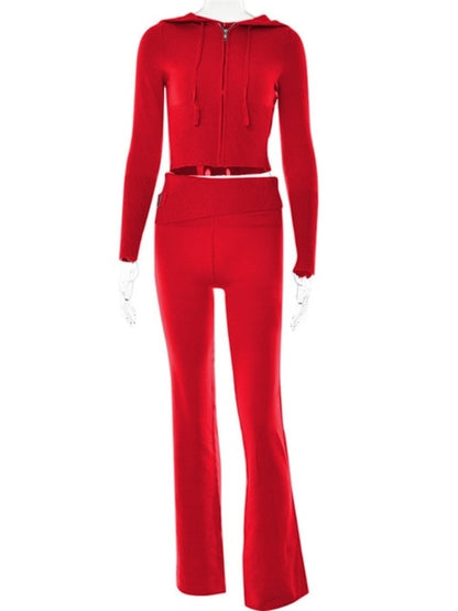 Solid Knitted 2 Piece Sets Women Tracksuit Long Sleeve Zipper Hooded
